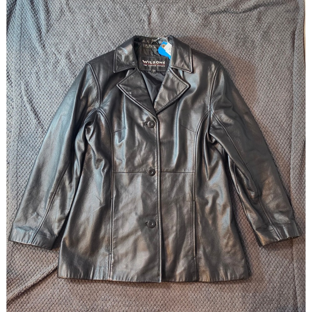 Wilsons The Leather Experts Womens Black Leather Blazer Jacket Size L 3 Button